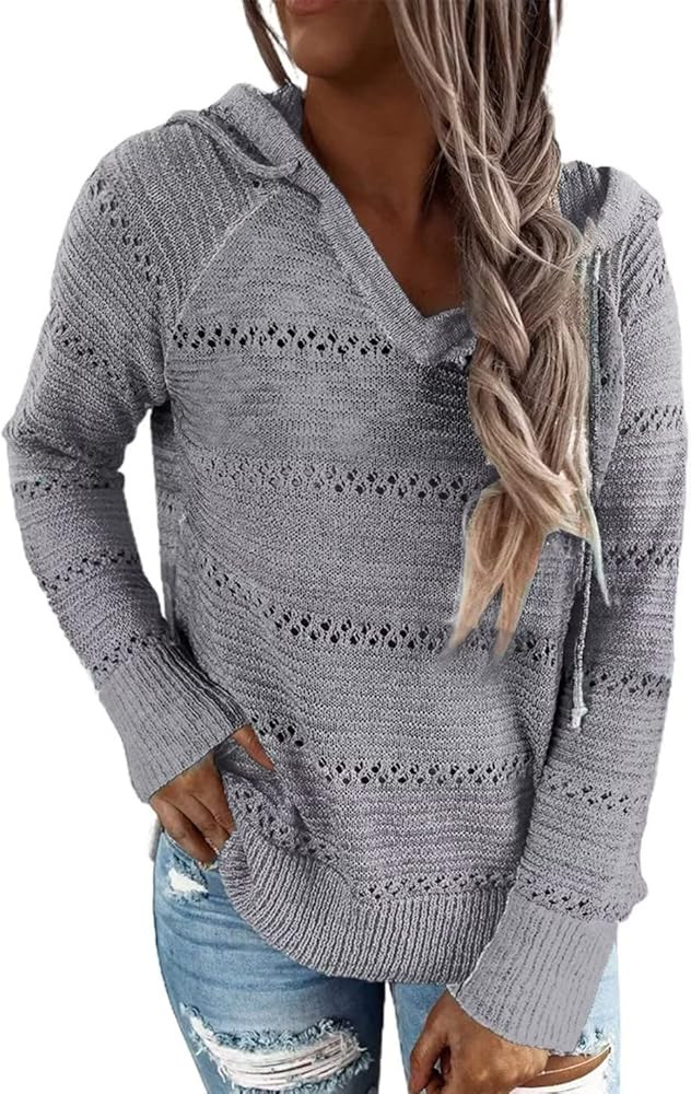 BLENCOT Women Color Block Hooded Crochet Striped Sweaters Lightweight Drawstring Hoodies Pullover... | Amazon (US)