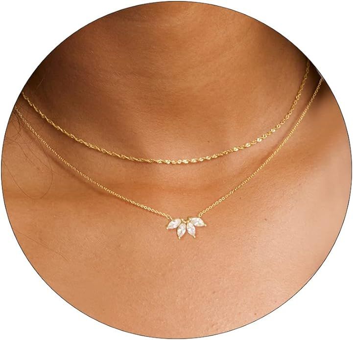Dainty Gold Necklaces for Women Cubic Zirconia 14k Gold Plated Layered Necklaces Cute Y Drop Neck... | Amazon (US)