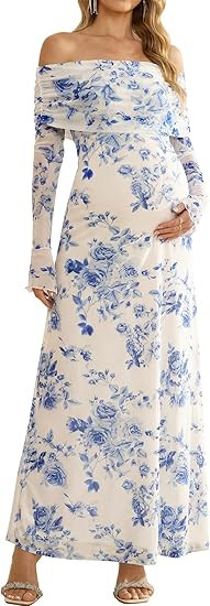 KUTUMAI Off Shoulder Strecth Maternity Dress Long Sleeve Floral Maxi Wedding Guest Pregnancy Baby... | Amazon (US)