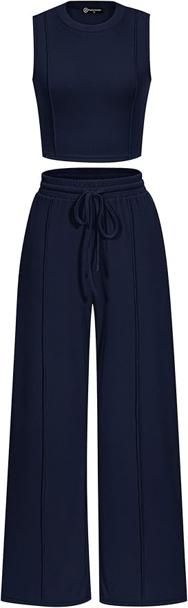 Pretty Garden Womens 2 Piece Summer Ribbed Knit Sleeveless Crop Tank Tops Wide Leg Casual Pants | Amazon (US)