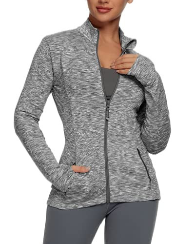 GYM RAINBOW Workout Jackets for Women, Full Zip Slim Fit Lightweight Athletic Running Sports Track Jacket with Pockets(2-Light Grey Space dye,X-Large) | Amazon (US)