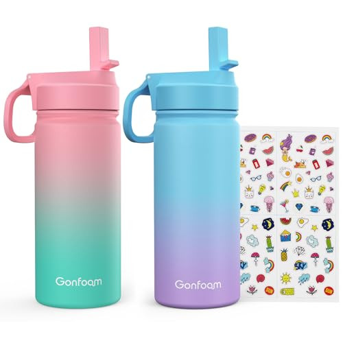 Kids Water Bottle, 2-Pack 16oz Kids Water Bottle with Stickers for School, insulated Stainless Steel Straw Cup(Pink+Blue) | Amazon (US)