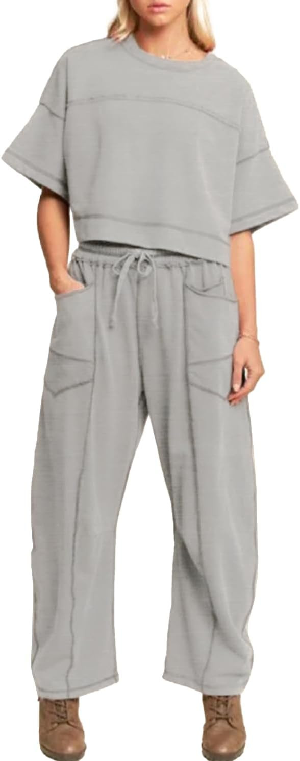 Womens 2 Pieces Sweatsuit Set Cropped Boxy T Shirt Drawstring Wide Leg Pant Travel Tracksuit Casu... | Amazon (US)