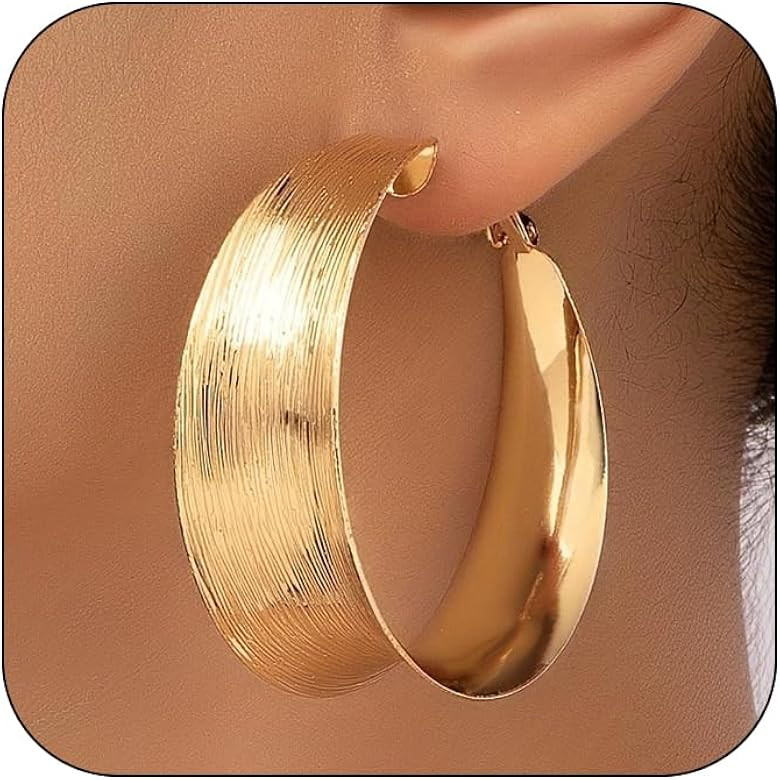 Hoop Earrings for Women Wide Hoop Earrings Large Big Flat Huggie Hoops Earrings Trendy Chunky Hoo... | Amazon (US)