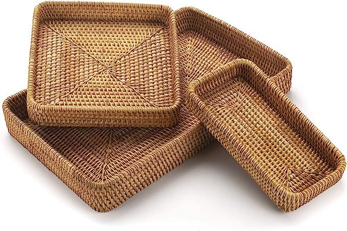 Rattan Serving Tray, Rectangular Woven Basket Tray, Natural Wicker Decorative Serving Baskets for... | Amazon (US)