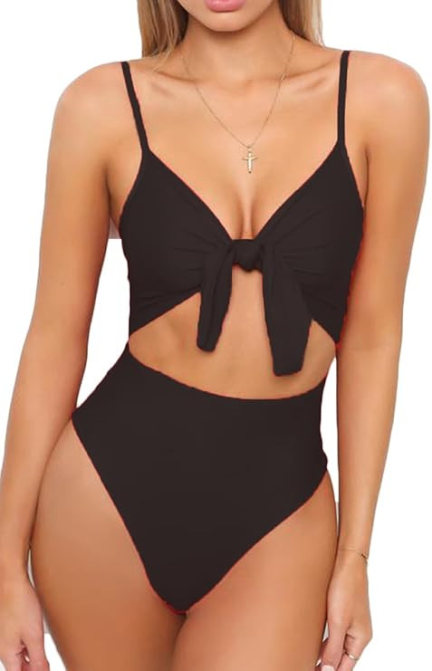 LEISUP Womens Spaghetti Strap Tie Knot Front Cutout High Cut One Piece Swimsuit | Amazon (US)