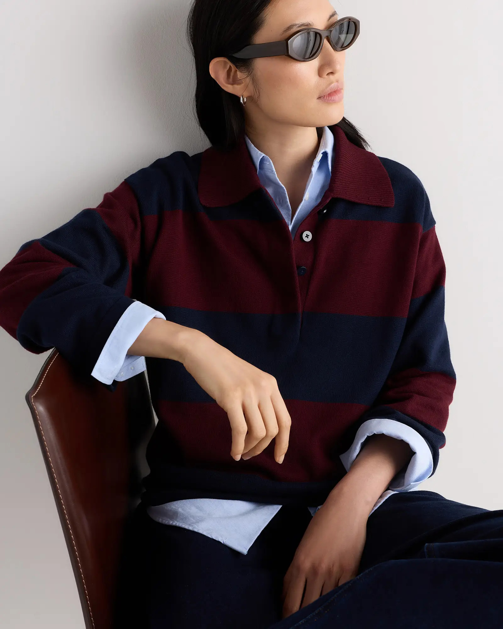 Cotton Cashmere Rugby Polo Sweater in Oatmeal / Black Rugby Stripe | Quince