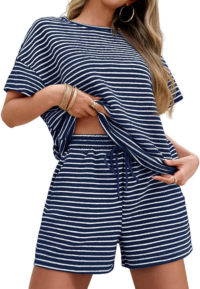 Tankaneo Womens Pajama Sets Striped 2 Piece Lounge Sets Short Sleeve Oversized T Shirts Drawstrin... | Amazon (US)
