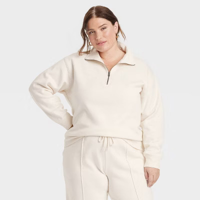 Women's Leisure Studio Quarter Zip Pullover Sweatshirt - Universal Thread™ Cream XXL: Knit Fleece, Collared | Target