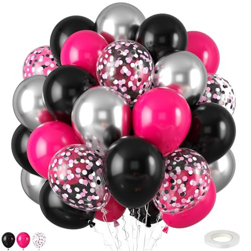 Hot Pink and Black Balloons,50PCS 12 Inch Black Pink and Silver Confetti Balloons with Ribbon,for Girls Wedding Bridal Shower Birthday Party Decorations | Amazon (US)