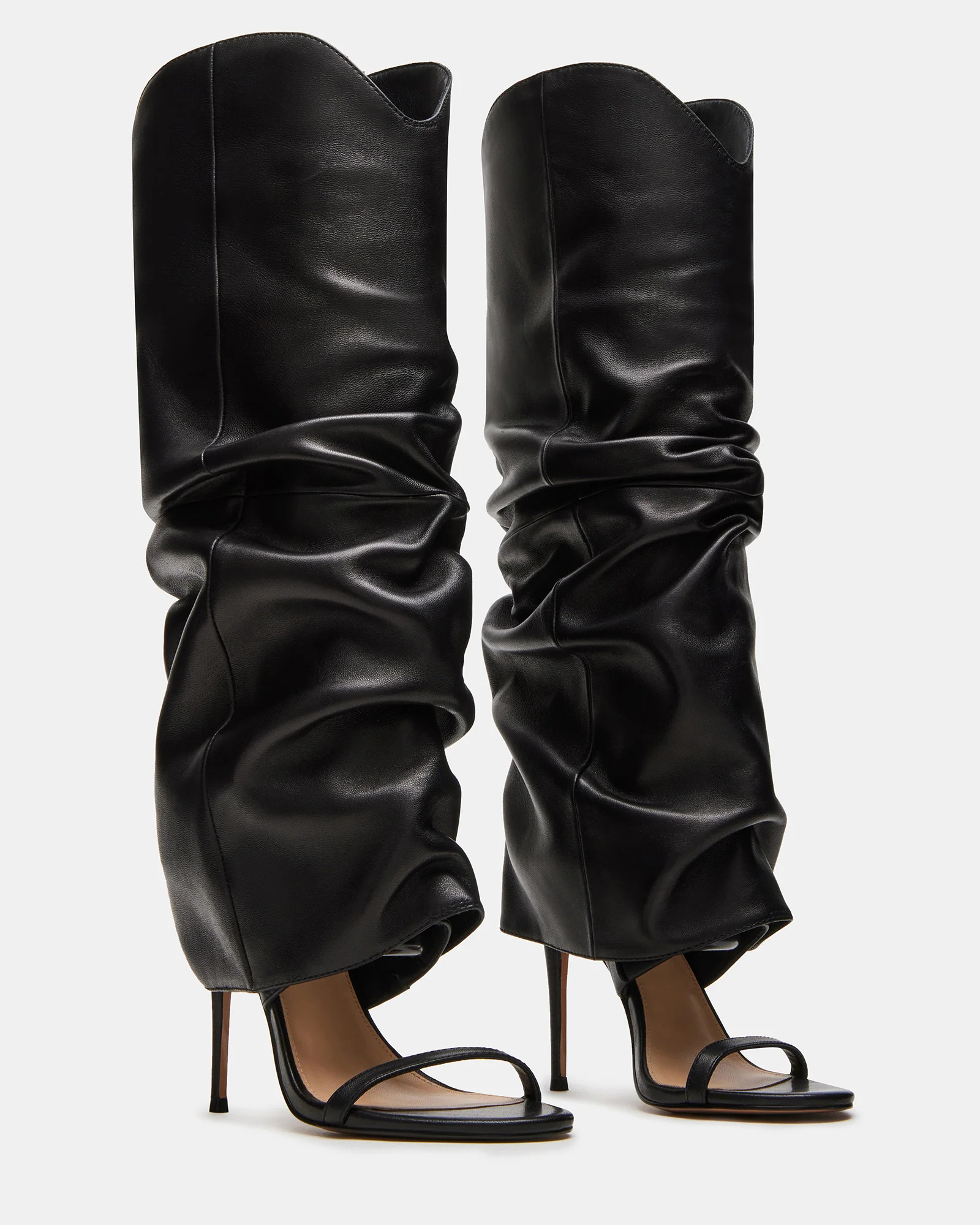 RAVINE Black Leather Knee-High Cuffed Stiletto Heel Boot | Women's Boots | Steve Madden (US)