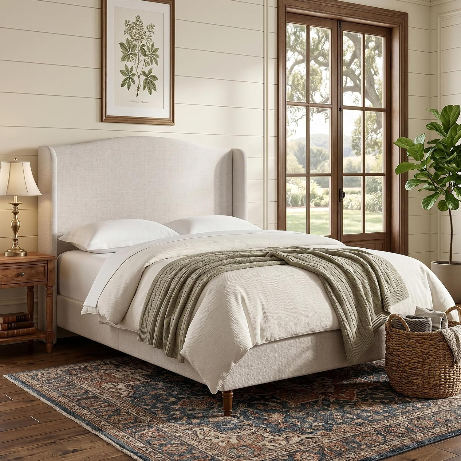 Queen Size Upholstered Platform Bed Frame with 54" Tall Wingback Headboard, Heavy Duty Metal & Wood Slat Support, No Box Spring Needed, Easy Assembly, Ivory White | Amazon (US)