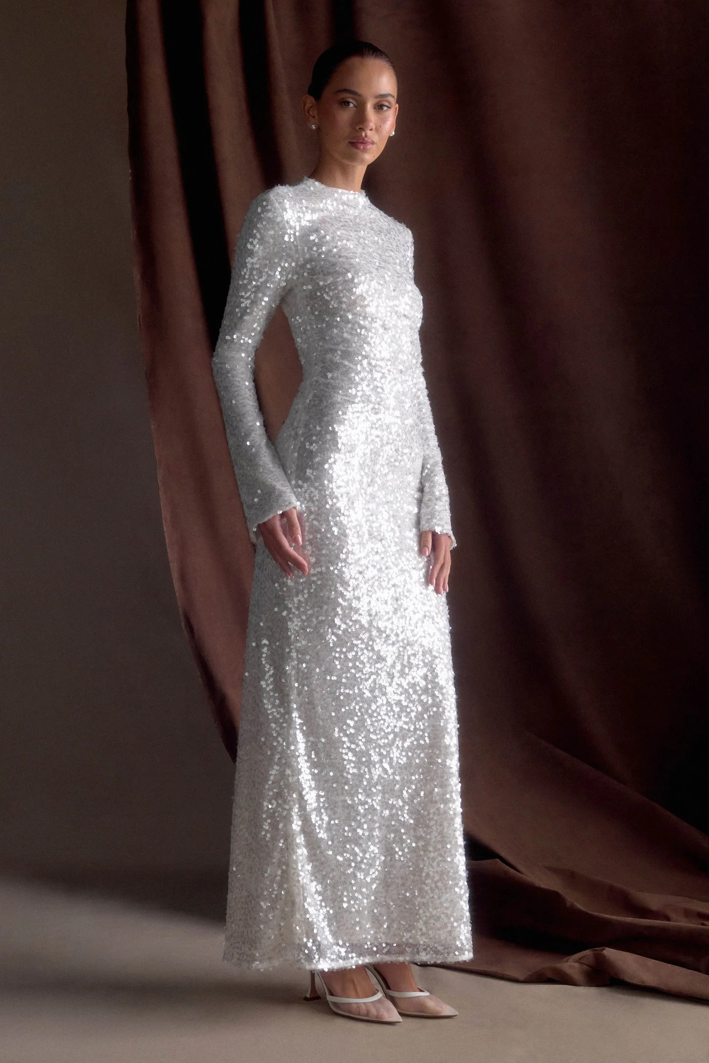 Long Sleeve Sequin Maxi Dress - White | MESHKI US