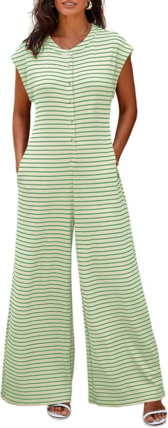 Cicy Bell Womens Casual Striped Jumpsuits Summer Cap Sleeve Wide Leg Jumper Romper Button Down Tr... | Amazon (US)