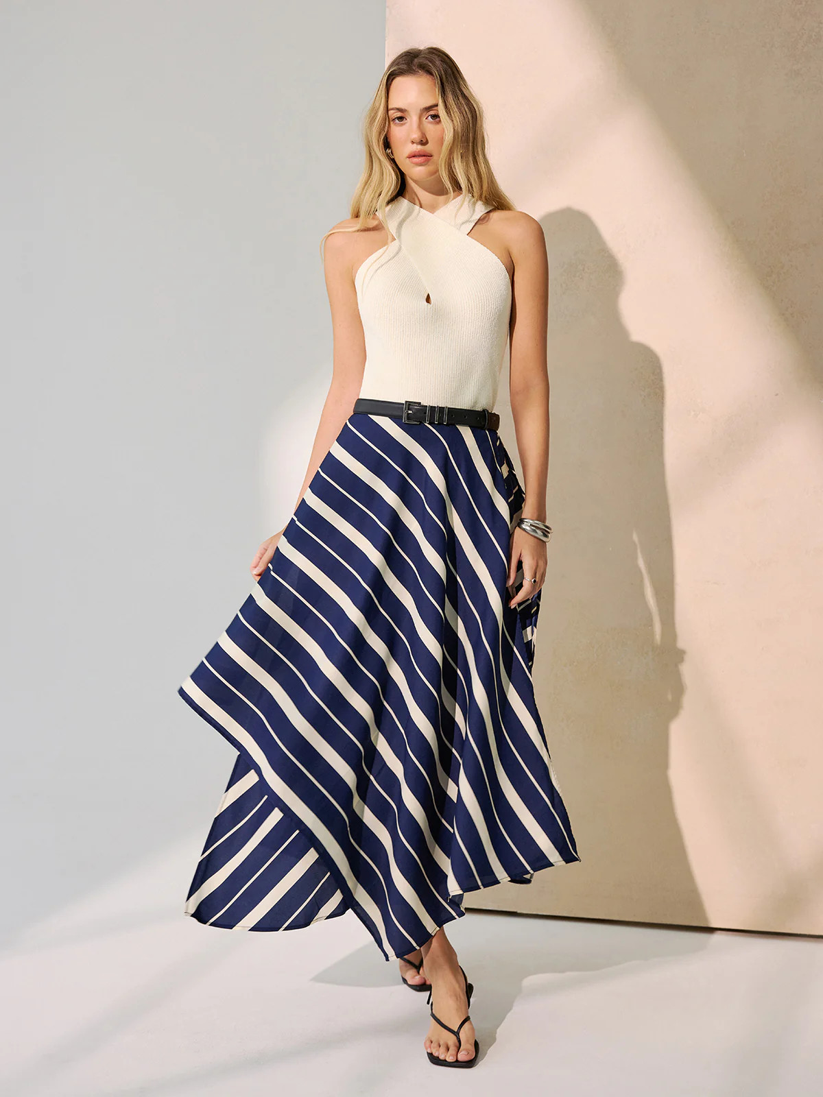 Diagonal Stripe Asymmetric Midi Skirt without Belt | Commense