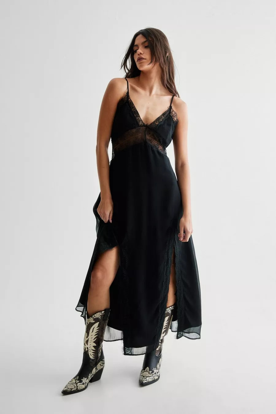 Crinkle Chiffon Lace Insert Double Split Maxi Slip Dress | Nasty Gal US