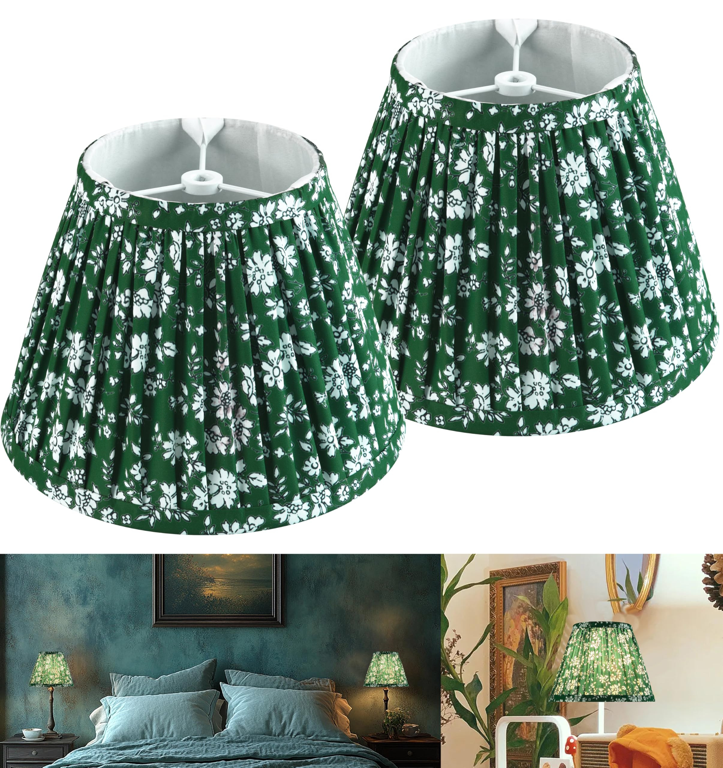 GO&SO 9 Inch Farmhouse Pleated Lamp Shades Set of 2 Small Floral- Soft Green Textured Fabric Crin... | Amazon (US)