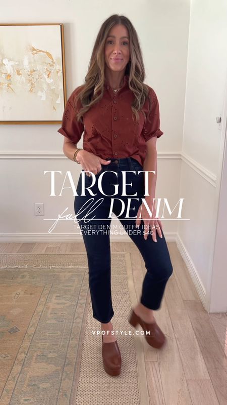 Target fall denim looks featuring a skinny bootcut (I like to call it kick flare jean and a 90’s high rise straight leg from target. Styled them with some other fun fall transition pieces I found at target. Everything is under $40 loving the platform clog mules. Also come in black and in a lower heel version. Look 1. high rise bootcut (kick flare) jeans.run tts.wearing size 0-lots of stretch. Love the dark blue denim color. paired w/ eyelet top that's perfect for fall transition when it's still warm out. runs tts. wearing size XS & platform mules
Look 2 - high rise 90's straight jean, seamless cami- I have in multiple colors, cardi, & mules. Love the fit of these jeans. More on the rigid size. run tts. wearing size 0 . wearing XS in cami and cardi. mules also come in black 

#LTKstyletip #LTKSeasonal #LTKunder50