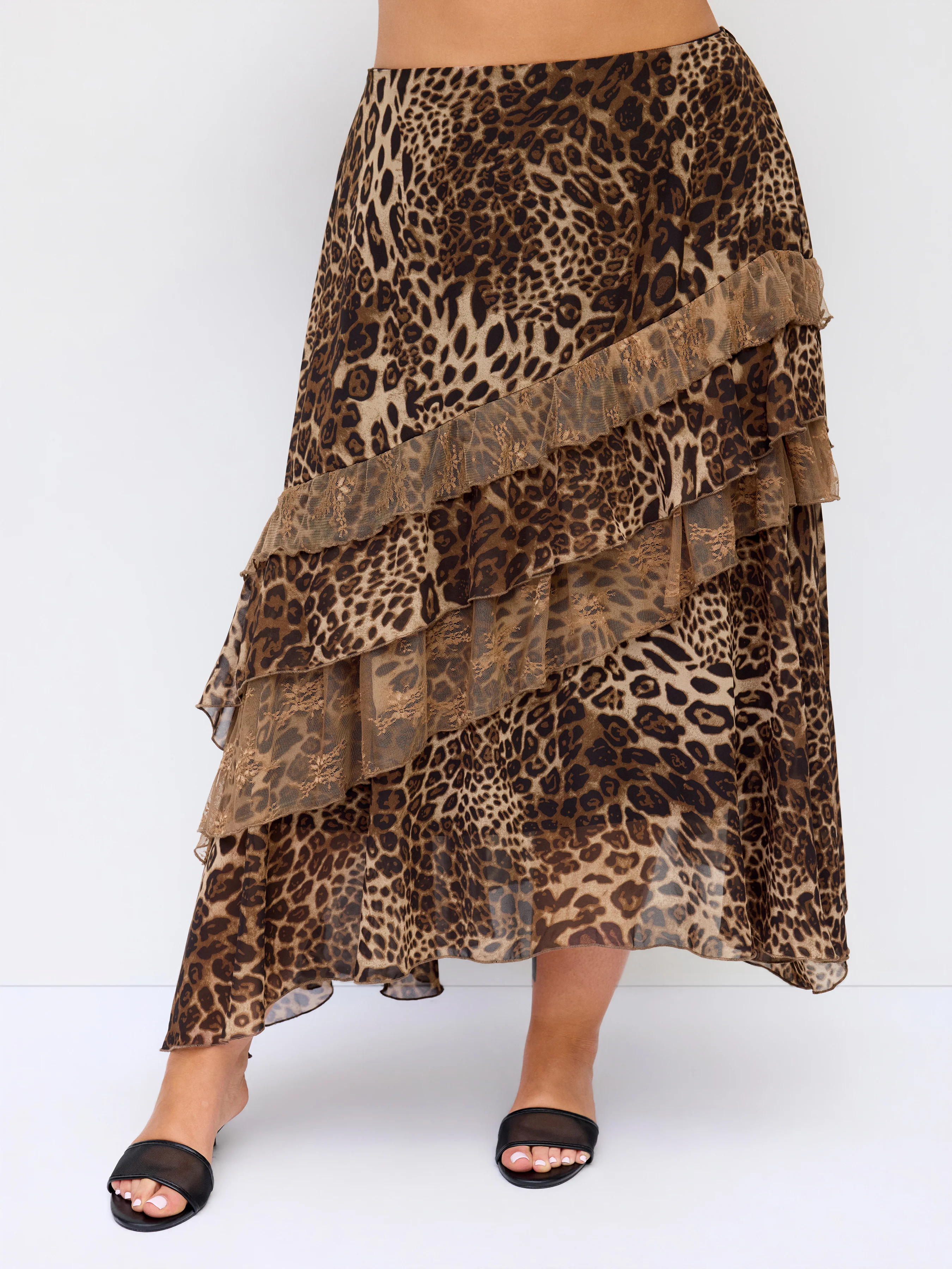 Chiffon Mid Rise Leopard Print Layered Maxi Skirt Curve & Plus | Cider