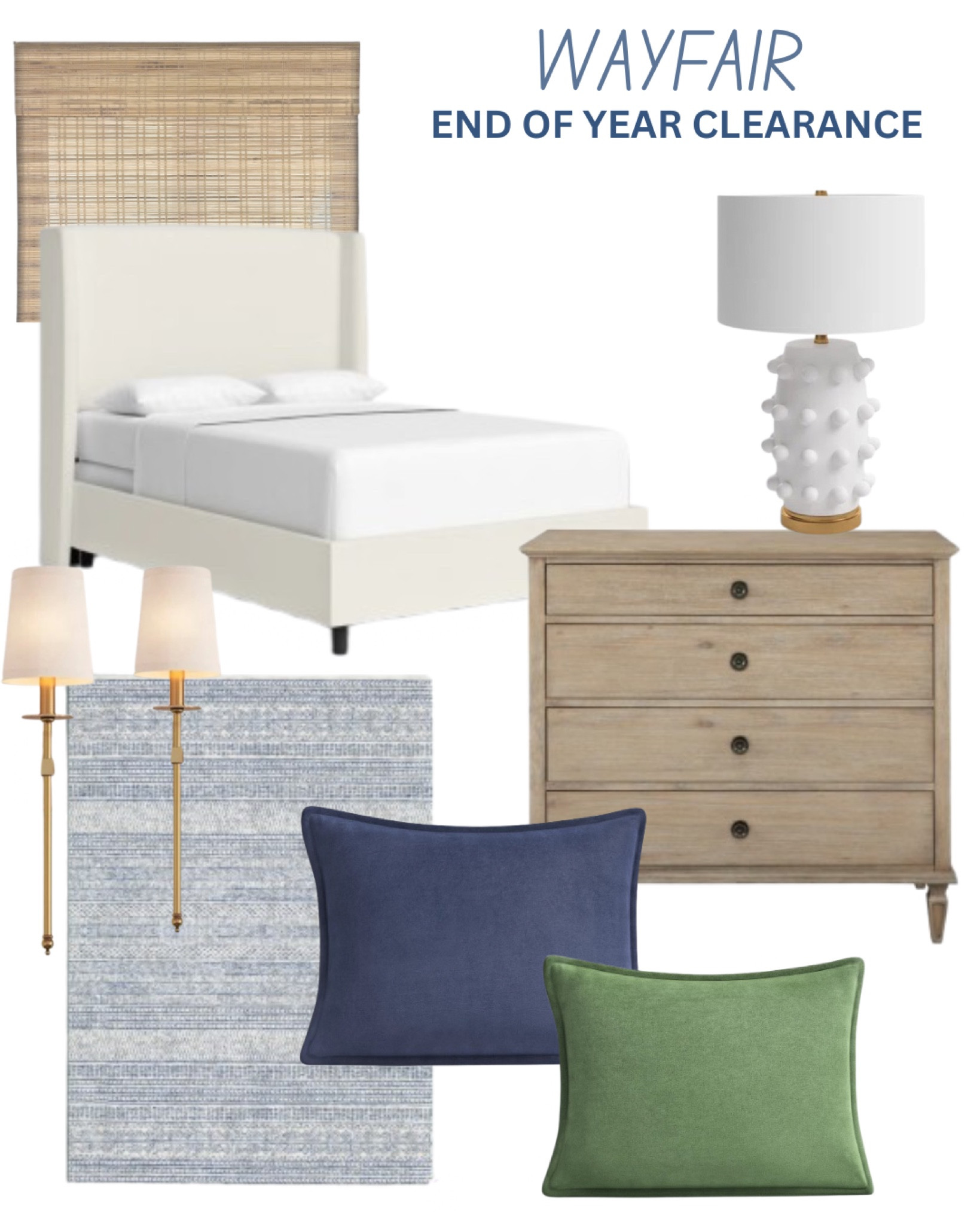 Wayfair Year End Clearance 
Bamboo Roman Shades
Hand- Tufted Wool Dark Blue/Ivory Rug
Gold wall sconce , 4-Drawer Dresser


#LTKFamily #LTKHome #LTKSaleAlert