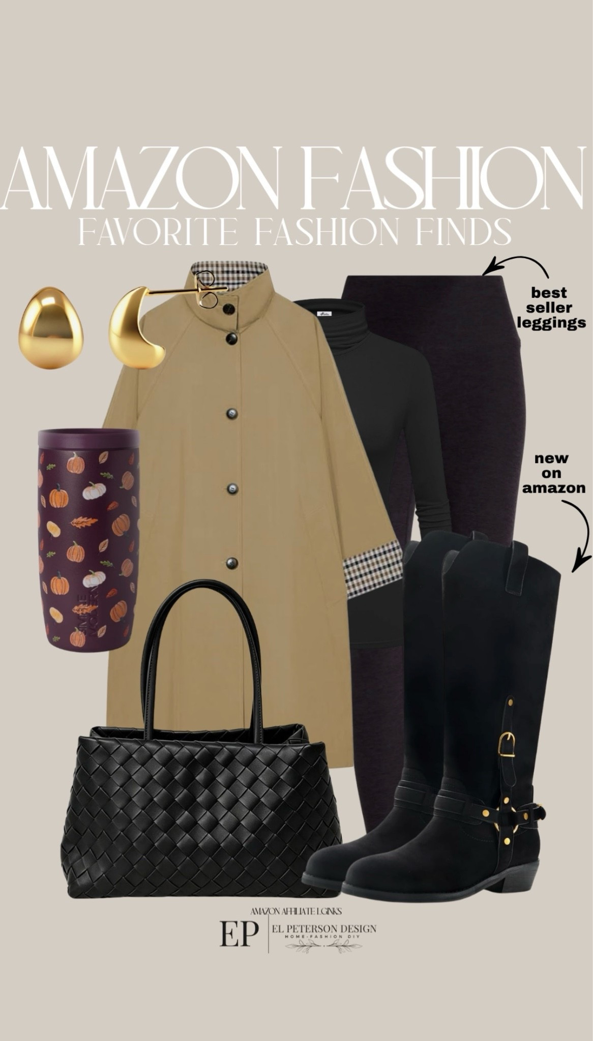 Amazon
Jacket
Leggings
Knee high boots
Purse
Earrings
Turtle neck
Tumbler