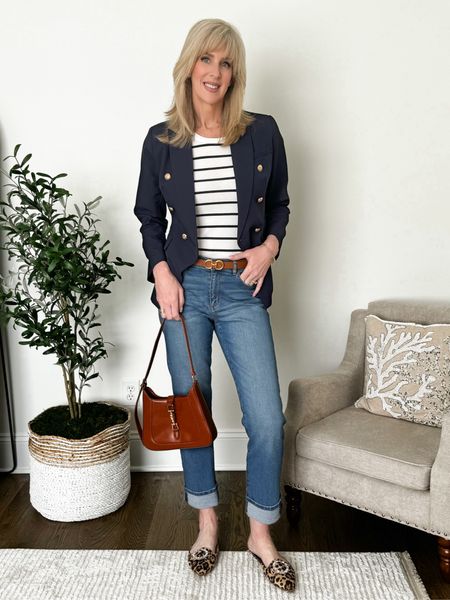 Looks expensive but it’s not.  Everything here is under $60  

Wearing size small in blazer, small in striped tee, size 6 in jeans. 

#LTKStyleTip #LTKOver40 #LTKFindsUnder50
