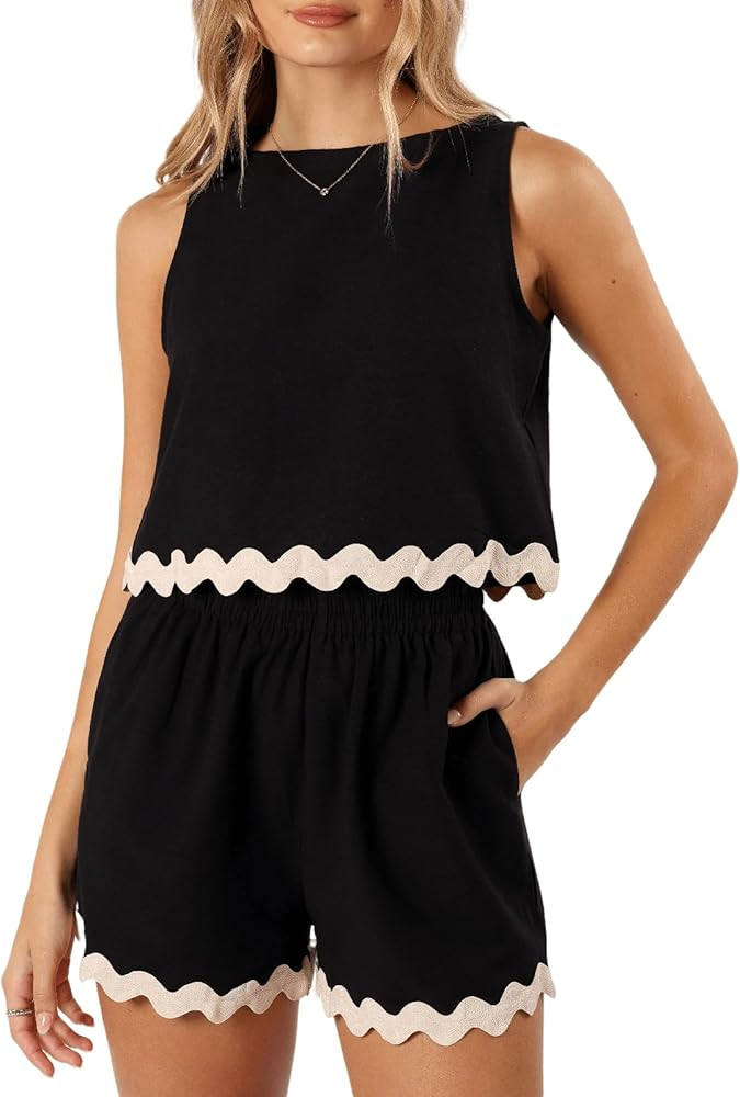 Tankaneo Womens 2 Piece Vacation Outfits Lounge Sets Casual Cropped Tank Tops Shorts Matching Set | Amazon (US)