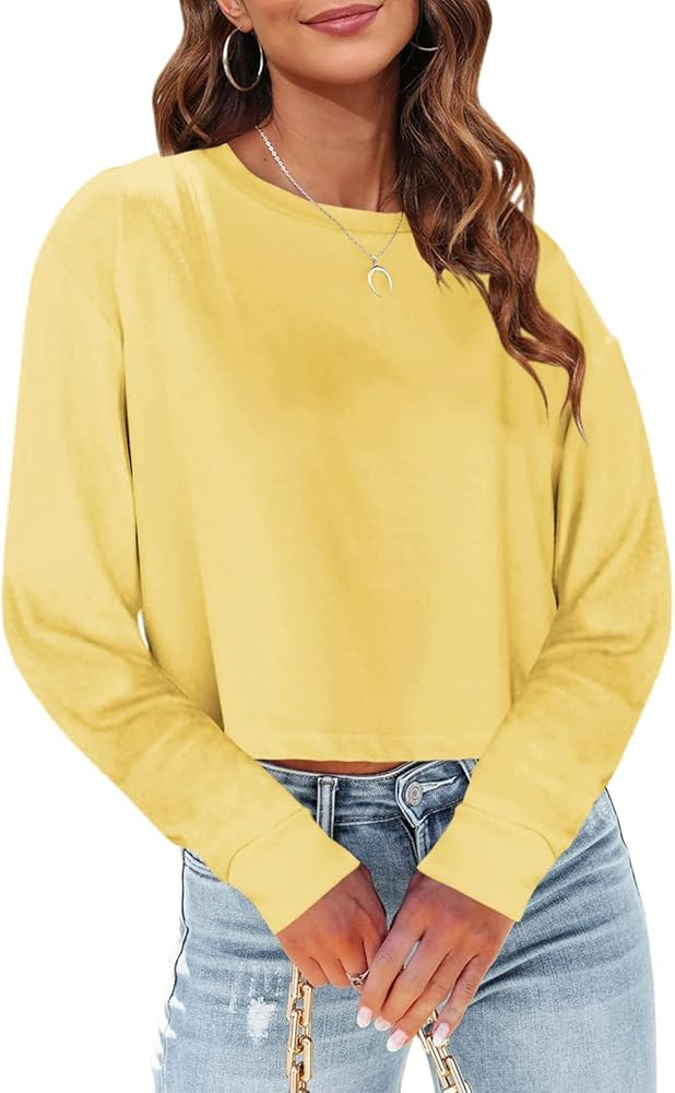 Tankaneo Womens Long Sleeve Cropped T-Shirts Round Neck Drop Shoulder Crop Sweatshirts Solid Casu... | Amazon (US)