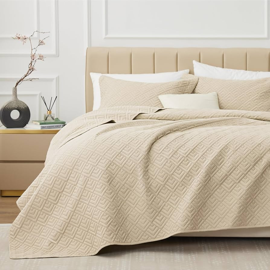 EXQ Home Quilt Set King Size Beige 3 Piece,Lightweight Soft Coverlet Modern Style Squares Pattern... | Amazon (US)