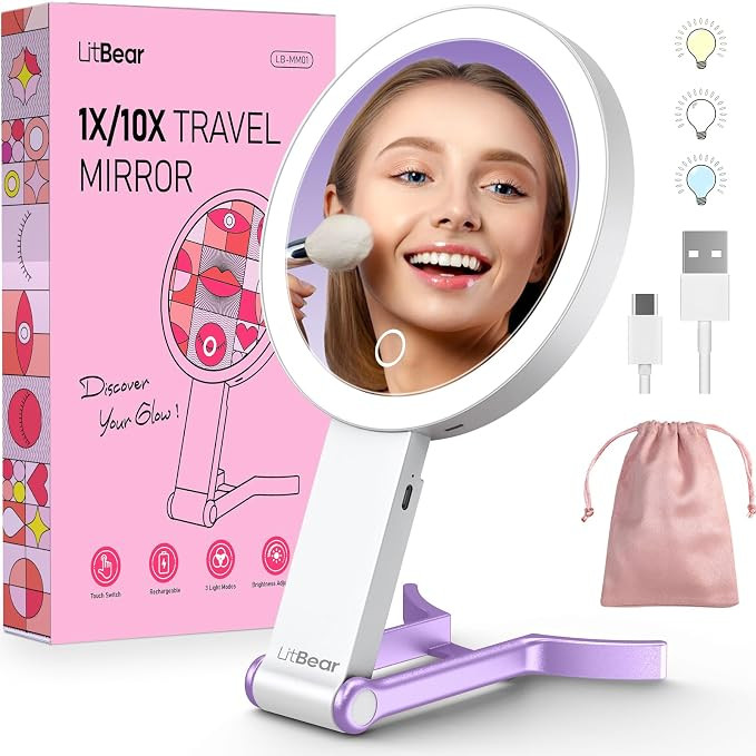LitBear Travel Makeup Mirror with Light, Rechargeable Double-Sided 10X/1X Magnifying Mirror, Port... | Amazon (US)