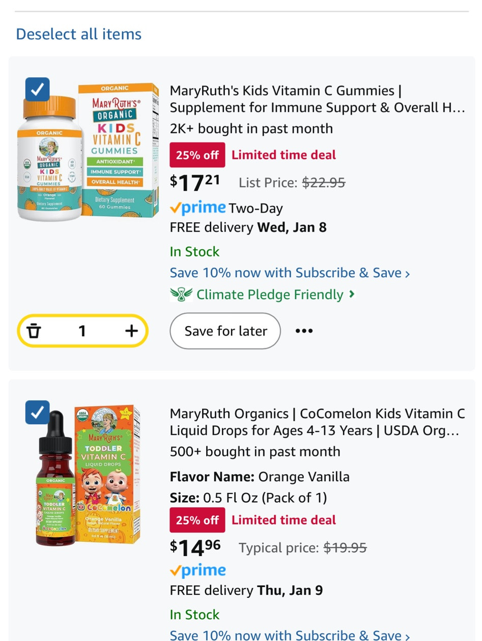 Upping our vitamin C intake after having to take antibiotics for strep, and noticed Mary Ruth Organics is 25% off on Amazon right now! We love their products Haidyn takes the magnesium calm at night and the kids multi gummy in the morning, Colson and I take the liquid multivitamin. 

#LTKFamily #LTKSeasonal #LTKSaleAlert