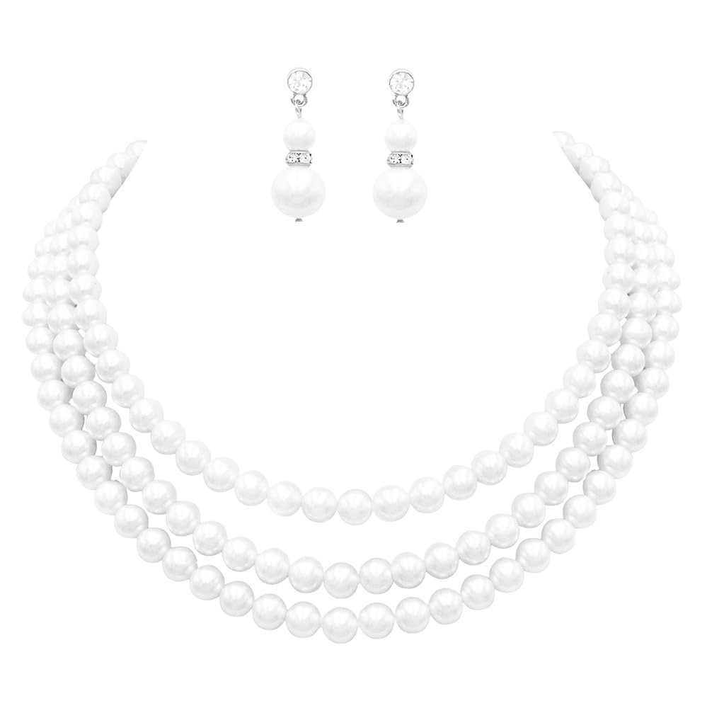 Rosemarie Collections Multi Strand Classic Faux Pearl Necklace and Earring Set - Adjustable Multi... | Amazon (US)