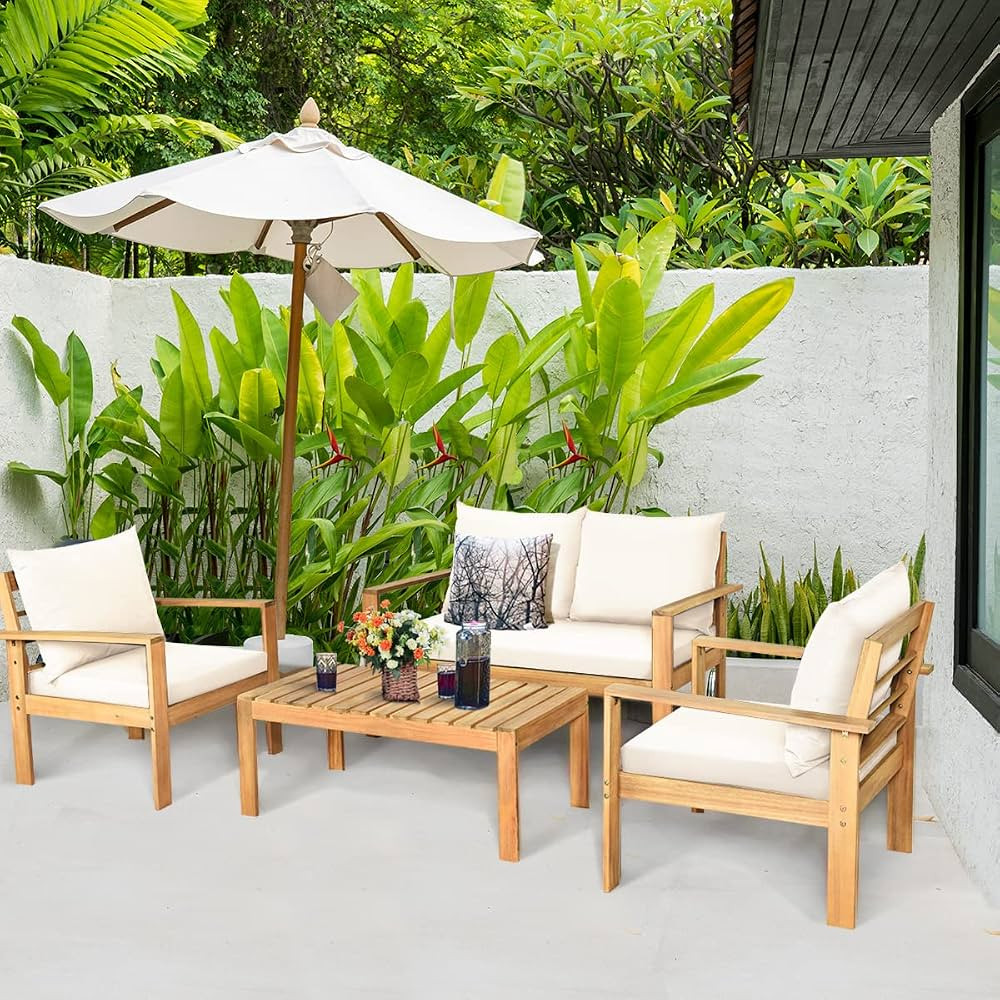 COSTWAY 4 Pieces Outdoor Acacia Wood Sofa Set with Table & Cushions | Amazon (CA)