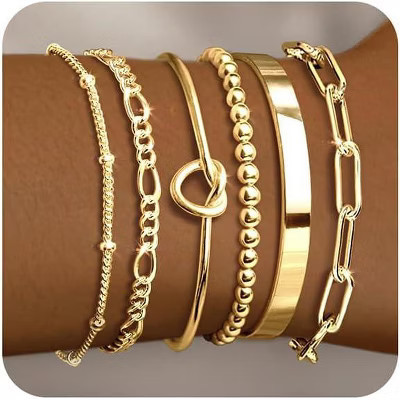 5 Piece Gold Bracelet Stack Set for Women with Bangle Cuff Paperclip and Chain Bracelets, Non Tarnish Bangles Bracelets Set Gold | Target