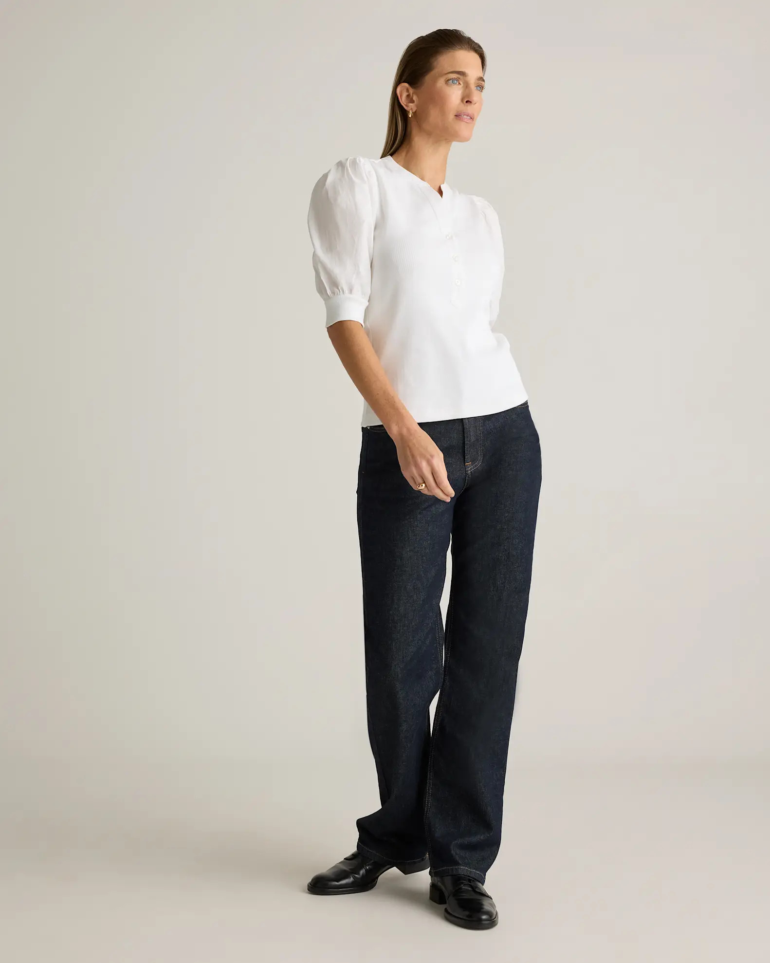 Cotton Mixed Media Puff Sleeve Top | Quince