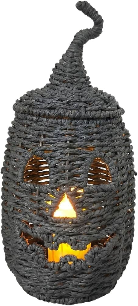 Halloween Pumpkin Lantern Decor, Handwoven Jack-O\u2019-Lantern Light with LED Candle, Rustic Wic... | Amazon (US)