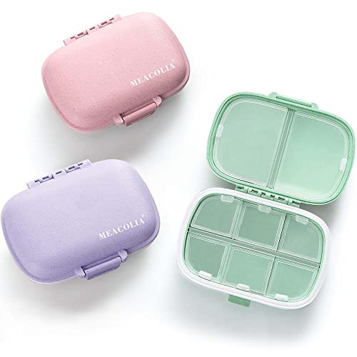 MEACOLIA 3 Pack 8 Compartments Travel Pill Organizer, Daily Pill Case Small Pill Box for Pocket Purse, Portable Pill Container Medicine Vitamin Organizer (Purple, Green, Pink) | Amazon (US)