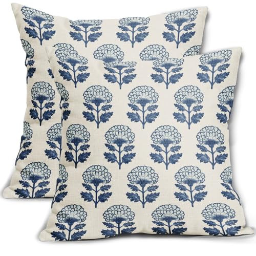 Aytipun Blue Floral Block Print Pillow Covers 18x18 Set of 2 Flower Pattern Cream Decorative Throw Pillowcases Outdoor Rustic Farmhouse Cushion Cases Decor for Home Couch Sofa Bed | Amazon (US)
