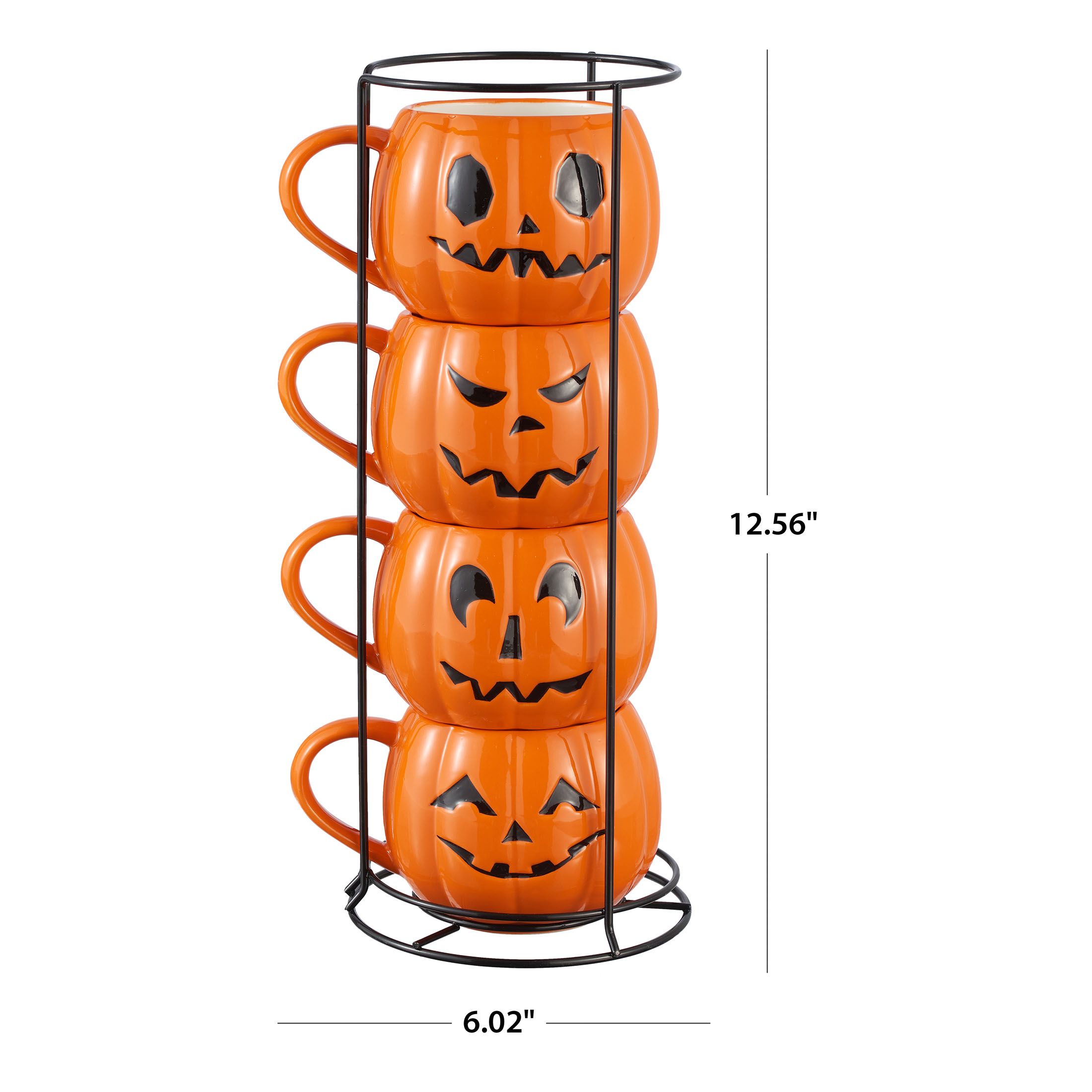 Halloween 13-Ounce Orange Pumpkin Stoneware Stackable Mug Set with Iron Rack, by Way To Celebrate... | Walmart (US)