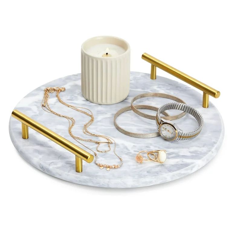 Round Marble Tray for Vanity with Handles, Geode Tray, Elegant White Marble and Gold Serving Boar... | Walmart (US)