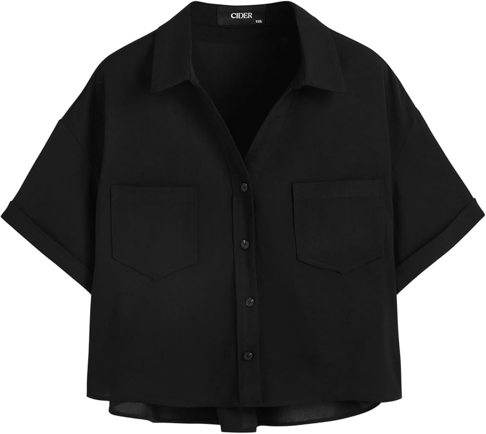 CIDER Collar Pocket Short Sleeve Blouse Curve & Plus | Amazon (US)