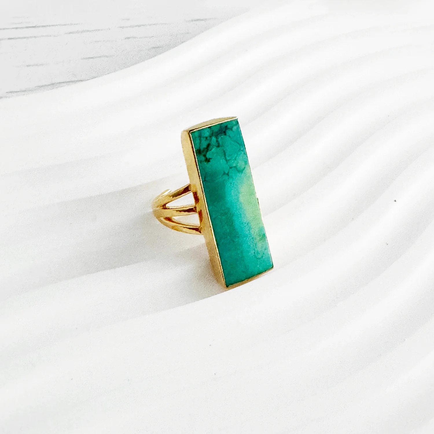 Large Tibetan Turquoise Rectangle Bar Statement Ring in Gold and Silver | Rustic Gem Jewelry