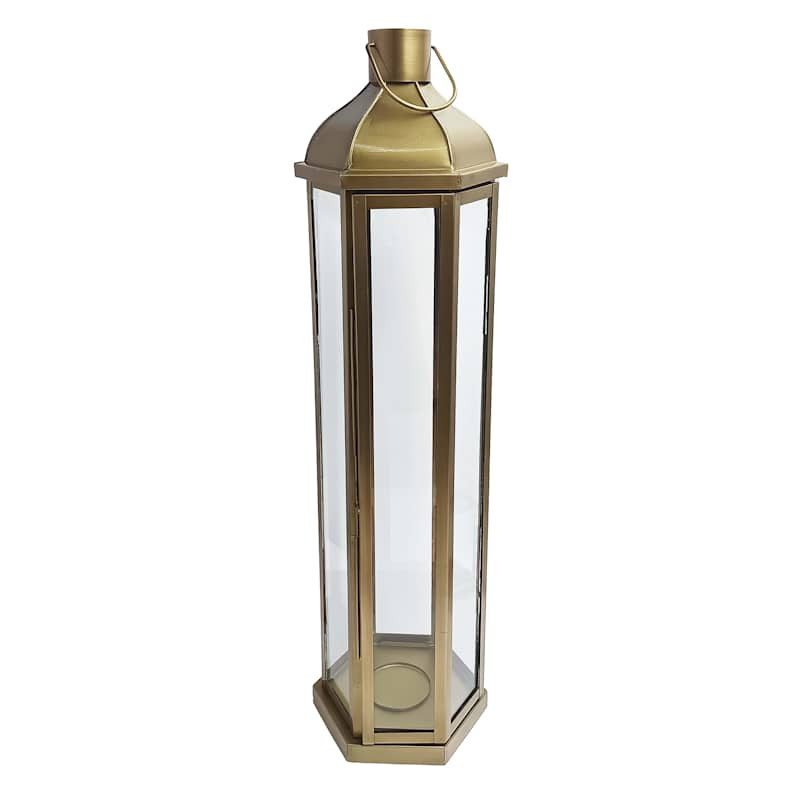 Gold Hexagon Latern with Glass, 30.5" | At Home