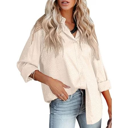 Rejlun Women Stone Pattern Lapel Neck Tunic Shirt Satin Button Down Blouse Fashion Elegant Roll Long | Walmart (US)