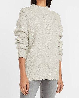 Cable Knit Mock Neck Sweater Women's Silver Heather Gray | Express