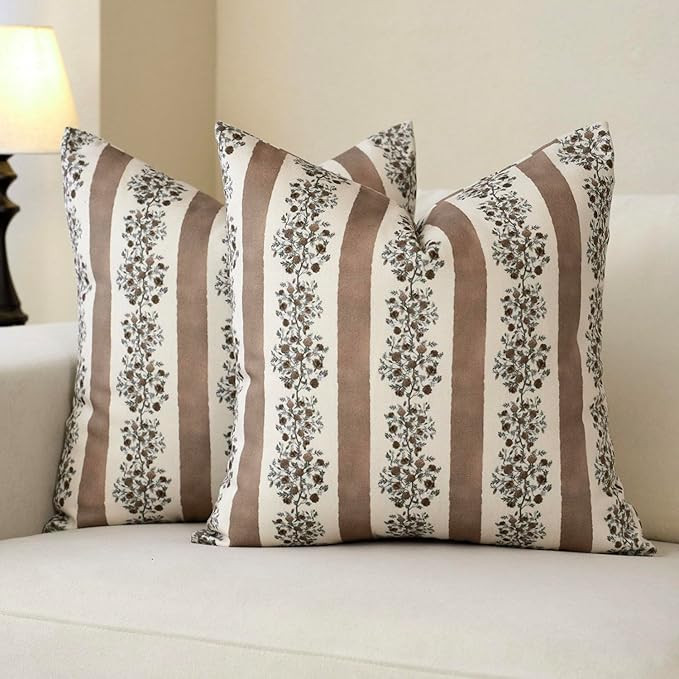 DOMVITUS Floral Throw Pillow Covers 20x20 Inch Set of 2, Block Print Decorative Pillow Covers Vin... | Amazon (US)