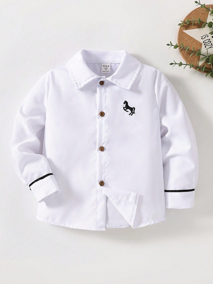 SHEIN 1pc Young Boy Solid Color Embroidered Horse Collar Long Sleeve Casual Shirt, Versatile Suitable For Spring Autumn, Party, Daily, School, Getaway, Holiday, Travel, Relax, Sunbathing, Summer | SHEIN