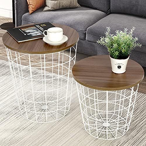 Nesting End Tables with Storage - Set of 2 Convertible Round Metal Basket Living Room Storage wit... | Amazon (US)