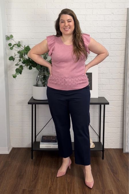 Great sweater for summer! Short sleeve, thin weave, ruffles 🙌🏻 

Womens business professional workwear and business casual workwear and office outfits midsize outfit midsize style 

#LTKFindsUnder50 #LTKStyleTip #LTKWorkwear