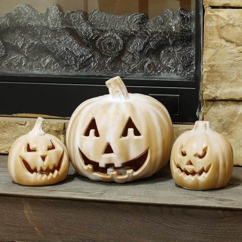 Beeveer 3 Pcs Terracotta Pumpkin Decorations 9-inch and 5-inch Halloween Party Plastic Glowing Pumpkin Indoor and Outdoor Lights, Halloween Home Create Decorations | Amazon (US)